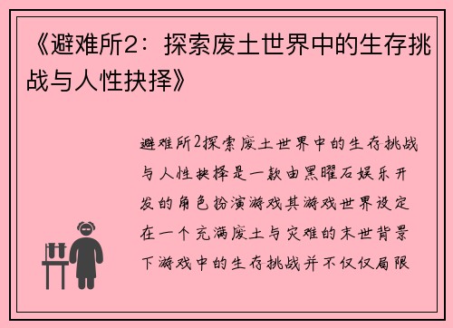 《避难所2：探索废土世界中的生存挑战与人性抉择》